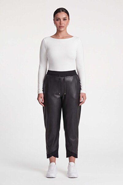 EXİTLİNE Women's Black Seasonal Faux Leather High Waist Pants with Stone Acce...