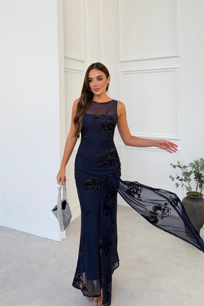 mielva Women's Navy Blue Sequin Embroidered Tulle Waist-Tied Sleeveless Long Evening Dress