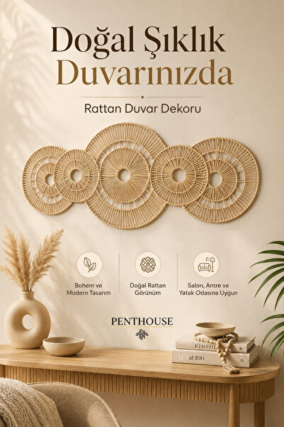 Penthouse Rattan Duvar Dekoru 102 x 42 cm Bohem Hasır Görünümlü Dekoratif Duv...