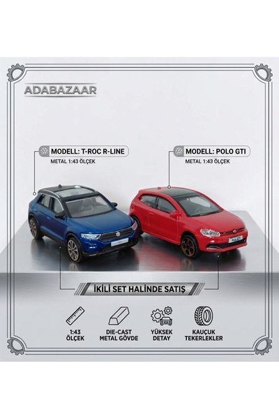 Burago 1:43 Metal Model Araba Seti - Mavi VW T-Roc & Kırmızı VW Polo GTI İkil...