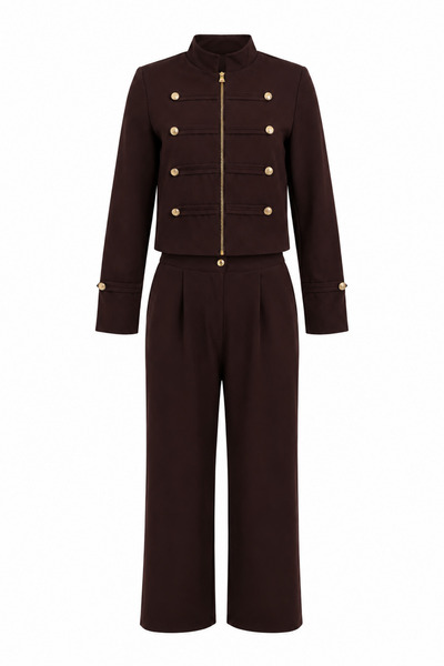 Lovelyİstanbul Gold Buttoned Woven Jacket-Pants Set Laz0015 Brown