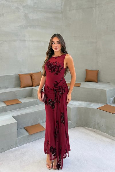 mielva Women's Burgundy Sim Embroidered Tulle Waist-Tied Sleeveless Long Evening Dress