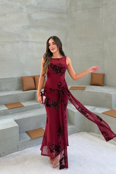 mielva Women's Burgundy Sim Embroidered Tulle Waist-Tied Sleeveless Long Evening Dress