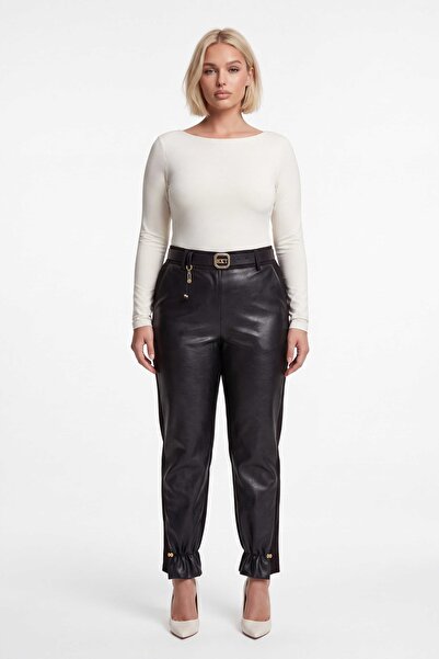 EXİTLİNE Women's Black Seasonal Faux Leather Belted Trousers with Elastic Cuf...