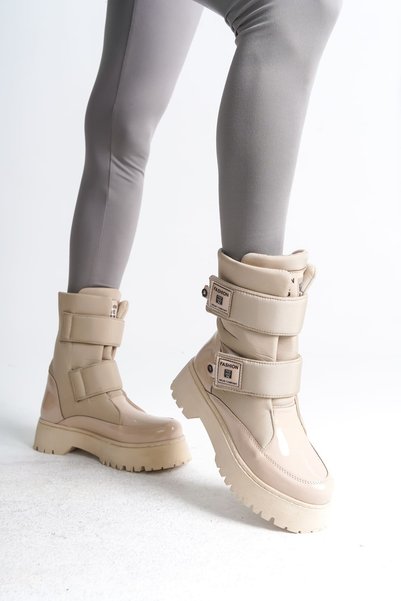 Zapatos Elisa Velcro Parachute Fabric Patent Leather Women's Boots Rkt - Cream
