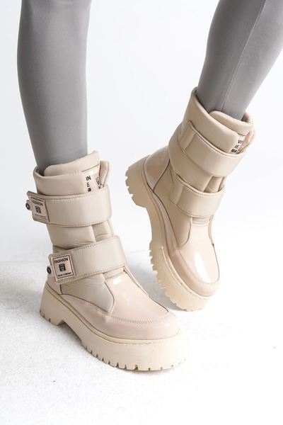 Zapatos ELISA Velcro Parașuta Pânză Piele Lacuită Cizme de damă RKT - Crem