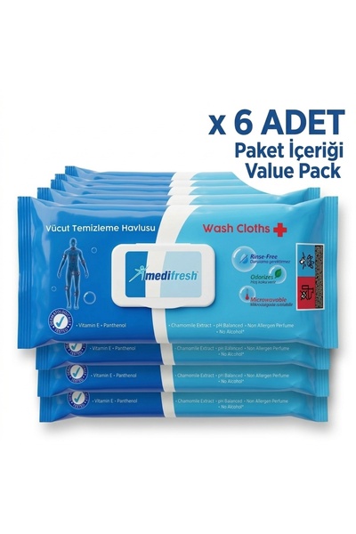 Medifresh Vücut Temizleme Havlusu 50 li X 6 - Mikrodalgada Isıtılabilir, Durulama Gerektirmeyen Islak Temizlik Havlusu