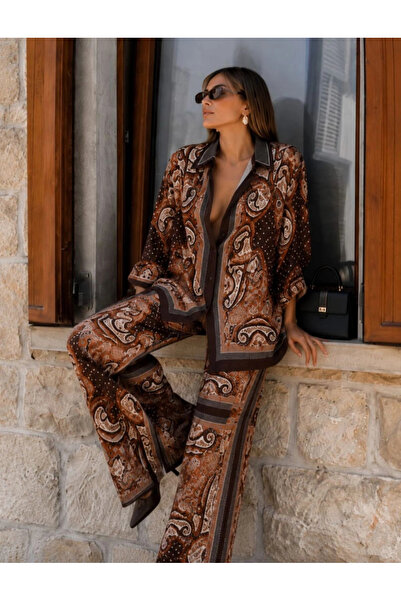 Tencelle Woman Kadın Jesica Kumaş Şal Desenli Gömlek Pantolon İkili Takım – K...