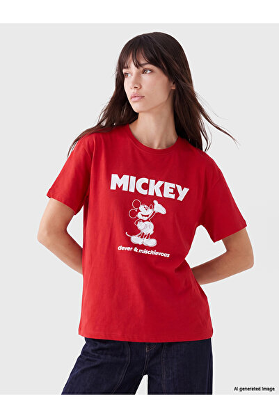 LC Waikiki Xside Red Mickey Mouse Printed 100% Cotton Women's T-Shirt