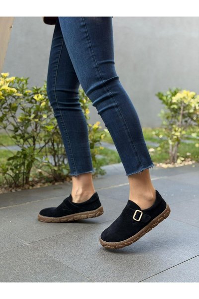 DİVA Black Suede Leather Belted Women's Casual Shoes