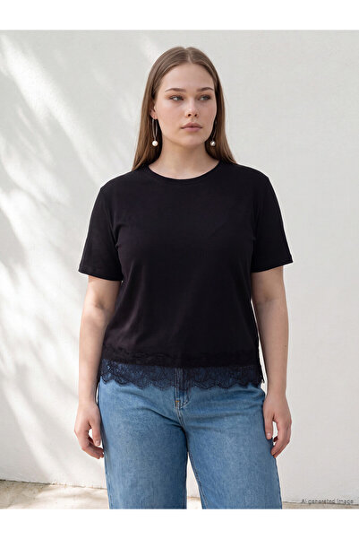 LC Waikiki Peak New Season Black Plus Size Blouse with Lace Detail