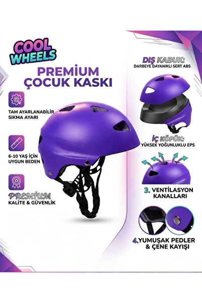 Cool Wheels Mor Premium Koruyucu Çocuk Kaskı (6-10 Yaş) - Ayarlanabilir Bisik...
