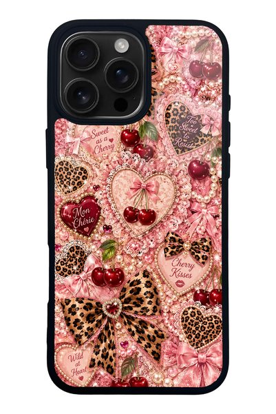 S Mode حافظة هاتف لامعة بتصميم Wild Cherry Coquette لهاتف iPhone 16 Pro Max