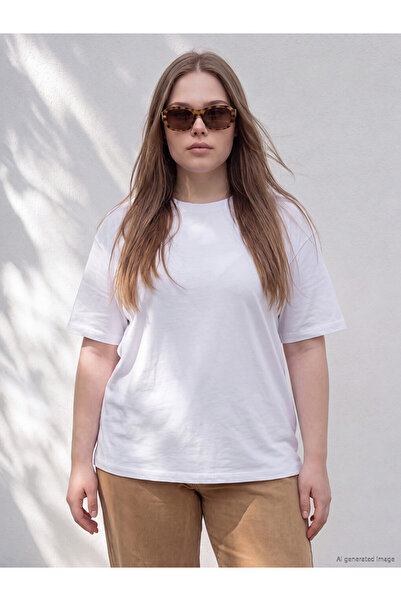 LC Waikiki Lcw Curve White Large Size 100% Cotton Women's T-Shirt