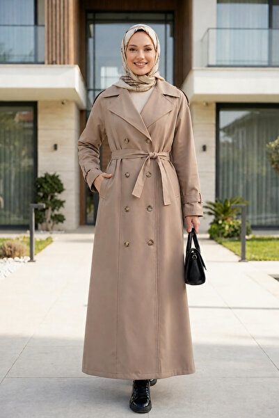 Hb Harma Time Butik Women's Double Button Belted Lined Bondit Mink Trench Coat
