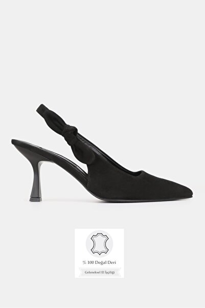 TUNAELLİ Women's Black Suede Genuine Leather Medium Heel Open Back Shoes, Siz...