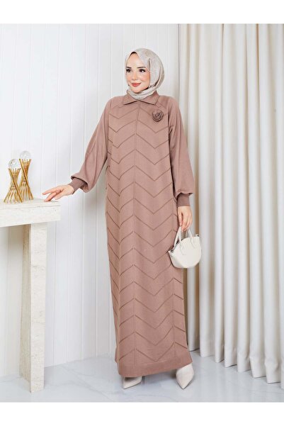 PAVENTİ Knitted Dress with Roses on the Chest, Tan