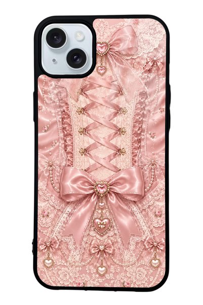 S Mode iPhone 15 Plus Pink Corset Coquette Design Glossy Phone Case