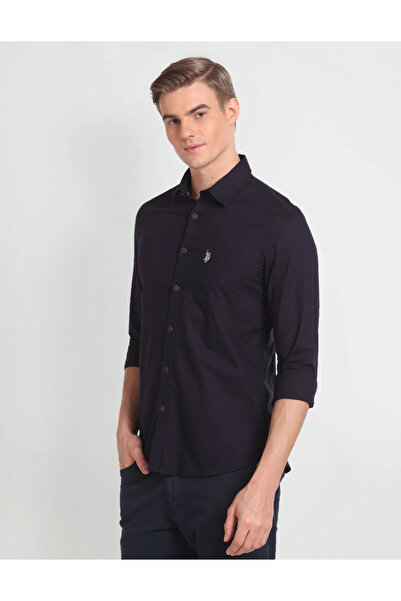 U.S. Polo Assn. Mens Black Spread Collar Solid Cotton Casual Shirt