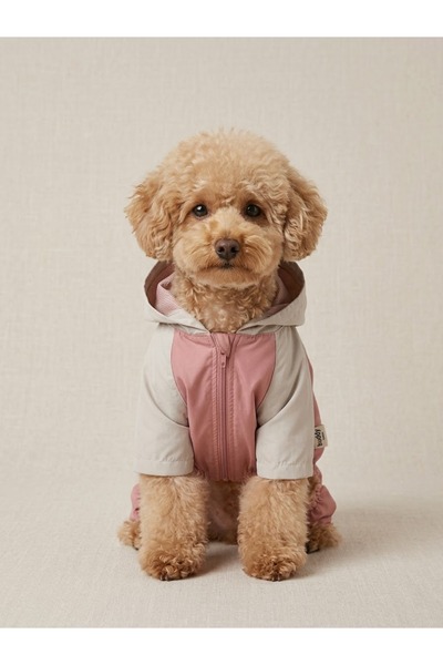 Buddy Store Su Geçirmez Kedi Köpek Yağmurluğu Kapüşonlu Pembe/Gri Pet Rüzgarlık