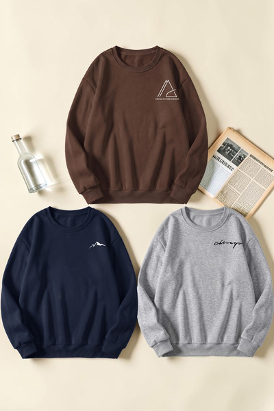 uyguntarz Unisex Mixed Printed Crew Neck Sweatshirt Set – Pack of 3