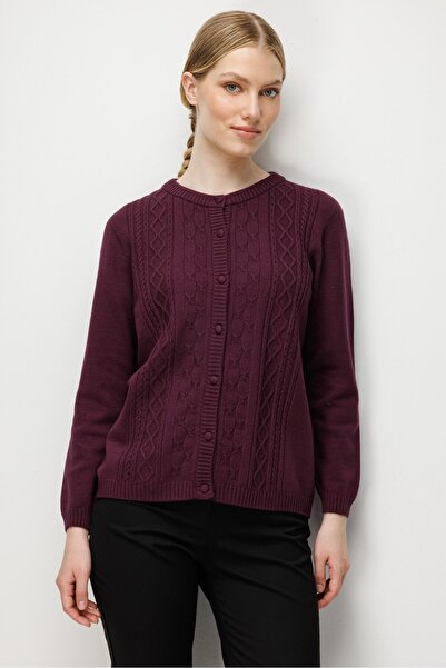 Desen Triko Women's Crew Neck Buttoned Front Knitwear Cardigan Plum