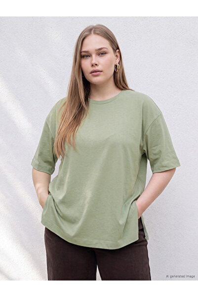 LC Waikiki Vizyon New Season Green Large Size 100% Cotton Oversize Women's T-...