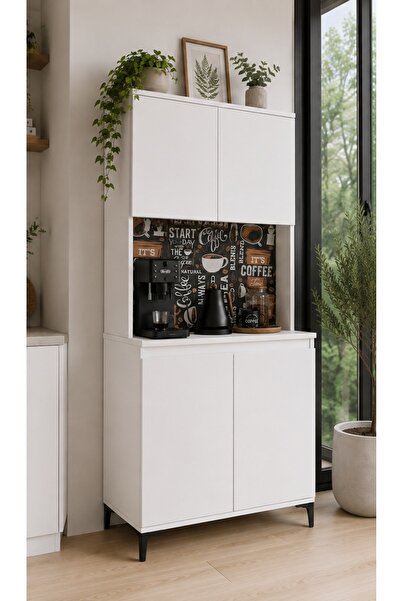 Kahve Dolabı 80 cm – Mutfak Kahve Köşesi Dolabı, 2 Kapaklı Üst ve Alt Dolaplı, Dekoratif Kahve İstasyonu