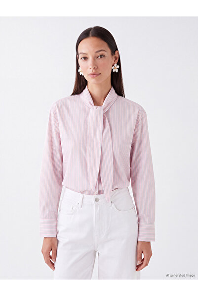 LC Waikiki Vizyon New Season Pink Striped Scarf Collar Women's Shirt