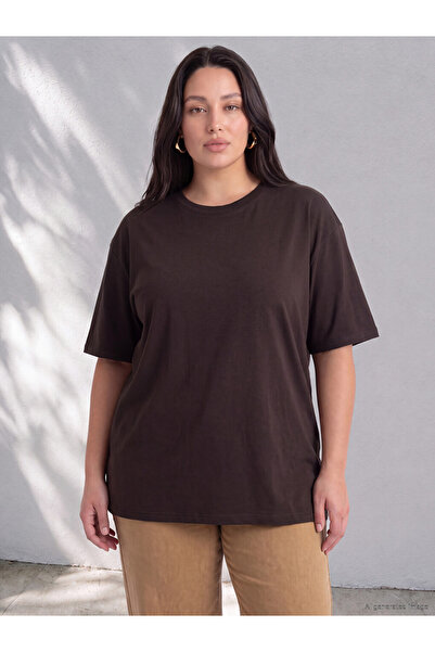 LC Waikiki تي شيرت نسائي LCW Curve Brown مقاس كبير مصنوع من القطن بنسبة 100%
