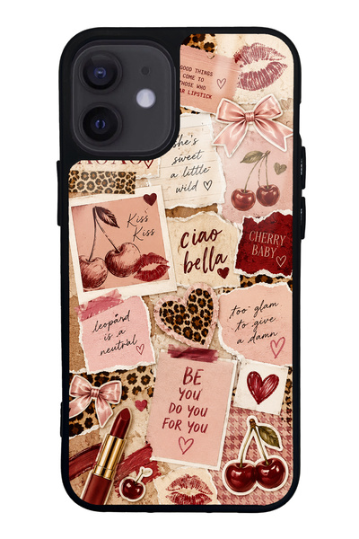 S Mode iPhone 12 Mini Glossy Phone Case with Cherry Leopard Notes Design