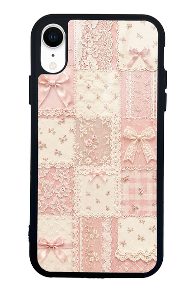 S Mode iPhone Xr Glossy Phone Case with Pink Lace Patchwork Design