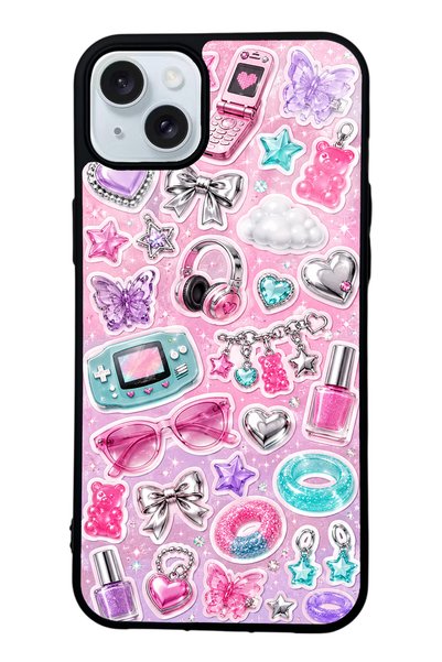 S Mode حافظة هاتف لامعة بتصميم Y2K Sticker Dreams لهاتف iPhone 15 Plus