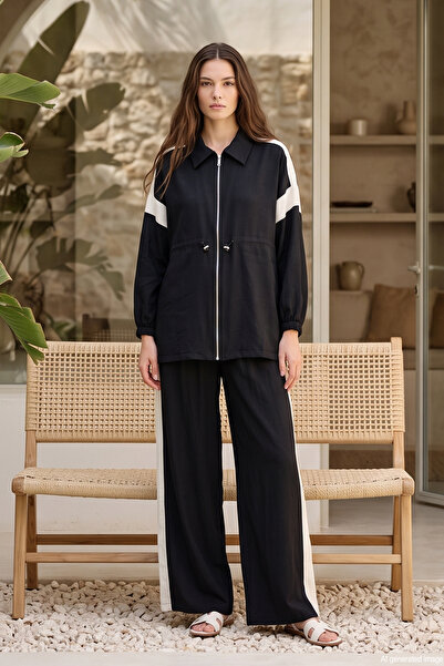 Lale Butik Beli Gathered Detailed Jacket and Trousers Set 22909 Black