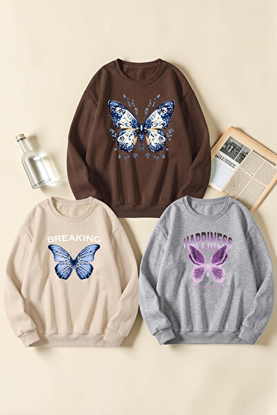 uyguntarz Unisex Mixed Printed Crew Neck Sweatshirt Set – Pack of 3