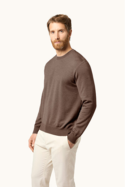 PAUL&SHARK Men's Regular Fit Round Collar Woven Fabric Long Sleeve Brown Sweater
