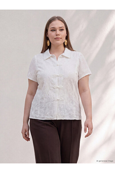 LC Waikiki Vizyon New Season White Plus Size Embroidered Women's Shirt