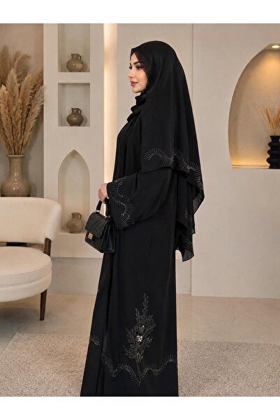 my abaya عباية نسائية سوداء طويلة بتطريز نباتي أنيق