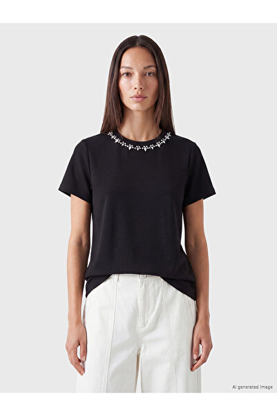 LC Waikiki Vizyon New Season Black Crew Neck Beaded Embroidered Blouse