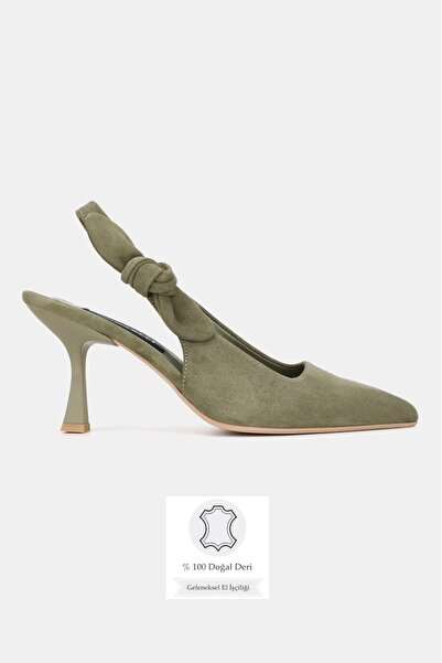 TUNAELLİ Women's Green Suede Genuine Leather Medium Heel Open Back Shoes, Siz...