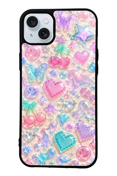 S Mode iPhone 15 Plus Y2K Glossy Phone Case with Jelly Charms Design