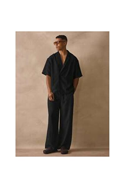 OEM Pantaloni și cămașă din in, cu talie elastică și nasturi, model drept