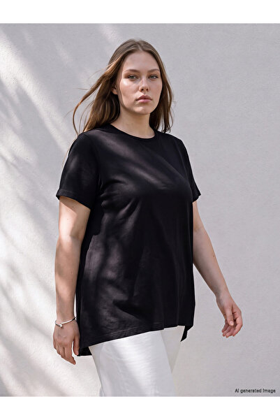 LC Waikiki Lcw Curve Black Large Size 100% Cotton Women's T-Shirt