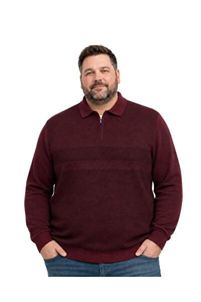 BattalModa Men's Large Size Burgundy Atlas Polo Collar Zippered Knitwear Swea...
