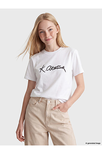 LC Waikiki Xside White Ataturk Themed 100% Cotton Women's T-Shirt