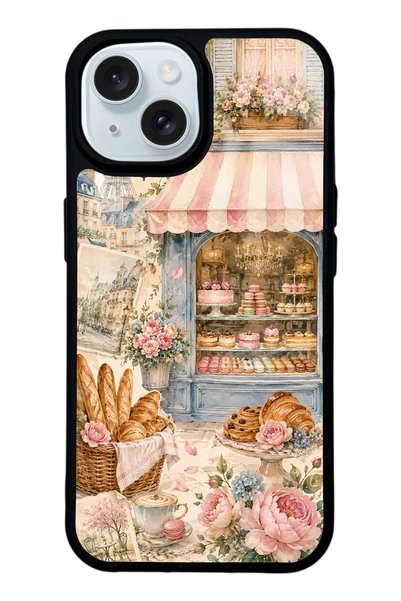S Mode حافظة هاتف لامعة بتصميم Paris Café Bloom لهاتف iPhone 15