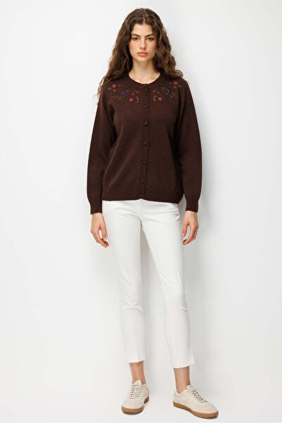 Desen Triko Women's Crew Neck Side Knit Embroidered Wool Cardigan Dark Brown