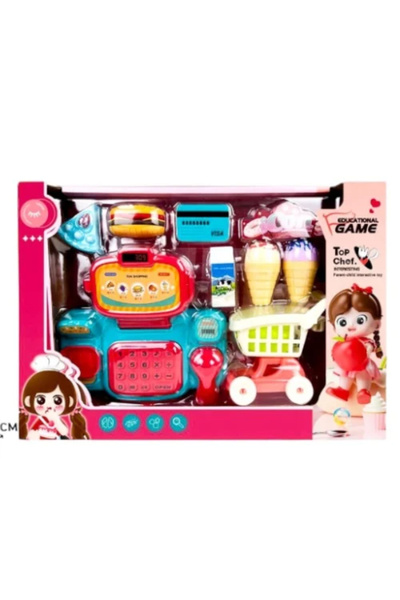 Leno Kids Pretend Play Cash Register Toy Set With Shopping Cart & Play Food A...
