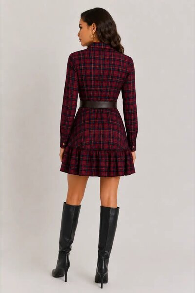 Cool & Sexy Kadın Ekose Gömlek Elbise Bordo Lacivert Kemerli Uzun Kollu Volanlı Mini Elbise