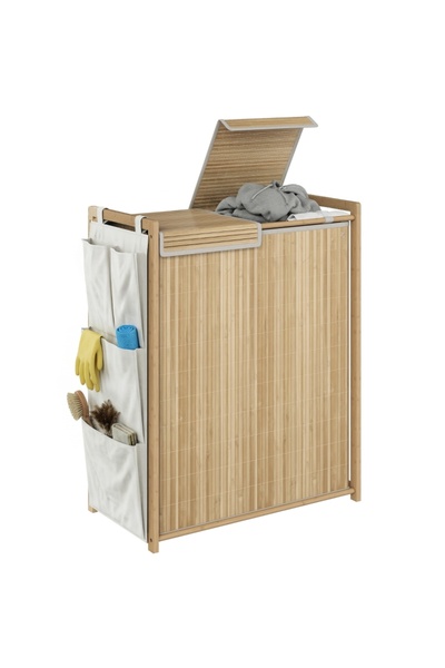 Generic Brand Coș de rufe din bambus cu sac detașabil cu șnur și buzunare lat...